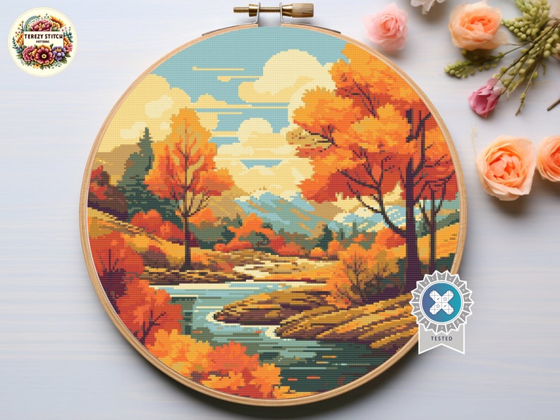 Fall Landscape Cross Stitch Pattern: Autumn Forest Scene (digital ...
