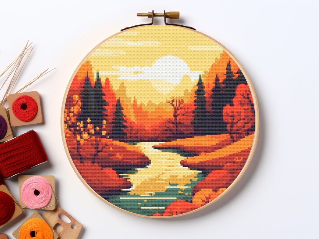 Fall Mountain Landscape Cross Stitch Pattern: Autumn Embroidery (PDF ...
