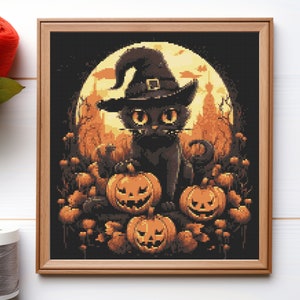 Halloween cat - Digital Cross Stitch Pattern, Halloween embroidery designs, cat cross stitch, witchy cross stitch, halloween cross stitch