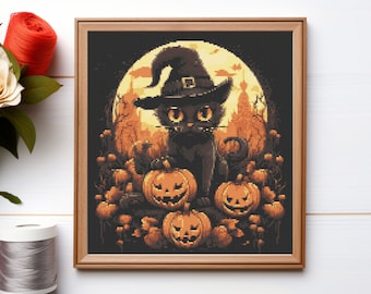 Halloween Katze Kreuzstichmuster: Witchy Stickdatei, Stickdatei