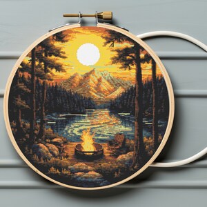 Camping time - Digital Cross Stitch Pattern PDF, nature embroidery, forest cross stitch, mountains cross stitch, camping cross stitch