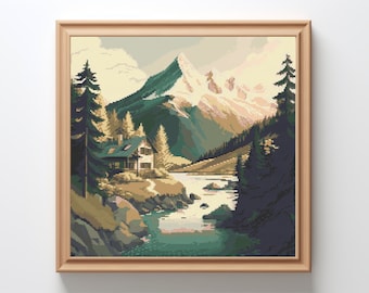 Mountain House Cross Stitch Pattern: Scenic Landscape Embroidery (PDF)