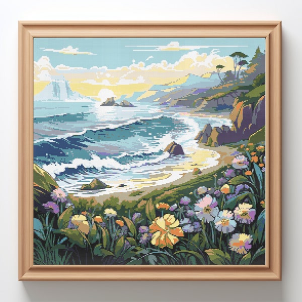 Wild Beach - Counted Digital Cross Stitch Pattern PDF, Nature embroidery, beach cross stitch, mountains cross stitch, ocean cross stitch