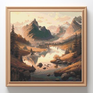 Landscape Modern Cross Stitch Pattern PDF, mountains counted cross stitch chart, fall cross stitch, forest embroidery, fall embroidery