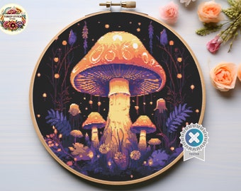 Glowing mushrooms - Digital Cross Stitch Pattern PDF, floral cross stitch, cross stitch pdf, bright cross stitch, mushrooms embroidery