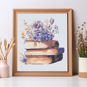 Books with flowers - Digital Cross Stitch Pattern PDF, floral cross stitch, cross stitch pdf, book cross stitch, books embroidery trendy