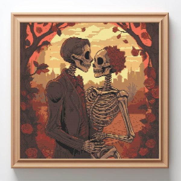 Skeleton & Roses Cross Stitch Pattern: Gothic Halloween Embroidery (Digital PDF)