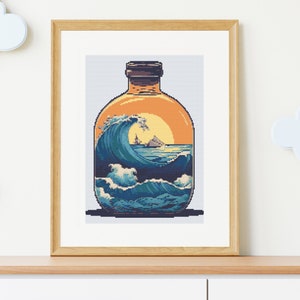 Ocean in the Bottle - Modern Cross Stitch Pattern PDF, counted cross stitch chart, ocean cross stitch, ocean embroidery, easy cross stitch