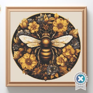 Floral honeybee - Digital Cross Stitch Pattern PDF, bee cross stitch, floral cross stitch, insects cross stitch, embroidery trendy