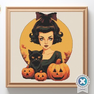 PinUp Halloween witch - Digital Cross Stitch Pattern, Halloween embroidery designs, cat cross stitch, witchy cross stitch, retro halloween