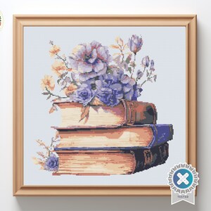 Books with flowers - Digital Cross Stitch Pattern PDF, floral cross stitch, cross stitch pdf, book cross stitch, embroidery trendy