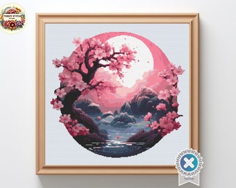 Puede incluir: Un patrón de punto de cruz que presenta un cerezo en flor rosa con una luna llena en el fondo. La escena está enmarcada en un círculo con un lago y montañas en primer plano.