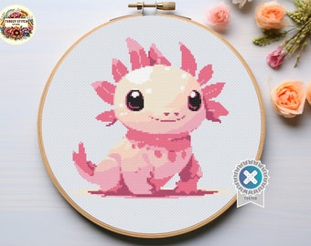 Patrón de punto de cruz de un lindo ajolote - Bordado marino (Patrón PDF)