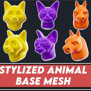 May include: A set of six stylized animal heads in various colors. The heads are 3D models and are designed to be used as base meshes for 3D modeling and animation. The text "STYLIED ANIMAL BASE MESH" is displayed below the animal heads.