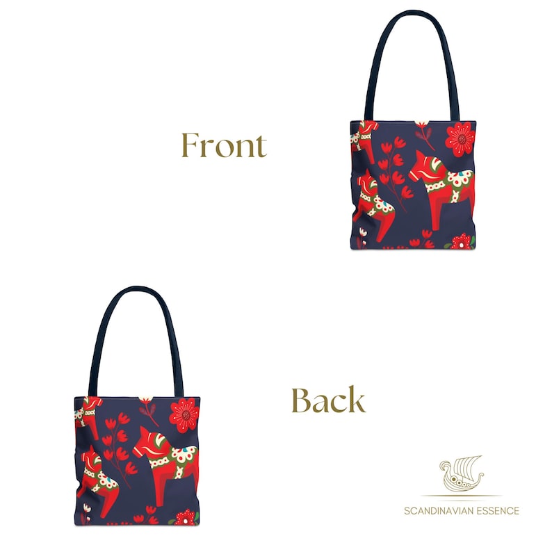 May include: A navy blue tote bag with a Scandinavian Dala horse design. The bag features red and white Dala horses with floral accents. The back of the bag has a small Viking ship logo and the text "Scandinavian Essence".