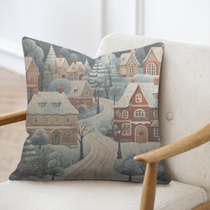 Nordic Boho Winter Town Woven Pillow, Scandinavian Home Decor Accent Throw Pillow, Cottagecore Livingroom Cushion