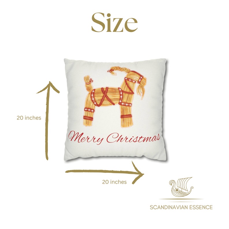 May include: A white throw pillow with a straw goat illustration and the text "Merry Christmas". The pillow is 20 inches by 20 inches.