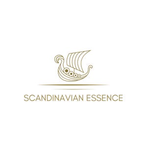 K&ouml;nnte beinhalten: Eine goldfarbene Strichzeichnung eines Wikingerschiffs mit Segel und dekorativen Details. Darunter der Text "SCANDINAVIAN ESSENCE" in passendem Goldton auf wei&szlig;em Hintergrund.