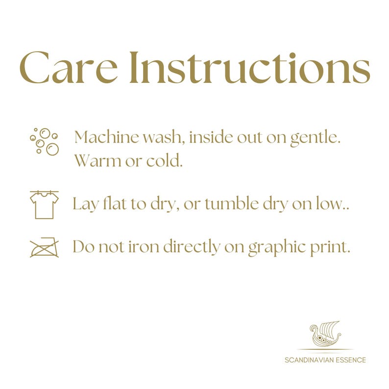 May include: Care instructions for a garment: Machine wash inside out on gentle, warm or cold. Lay flat to dry or tumble dry on low. Do not iron directly on graphic print. Scandinavian Essence.