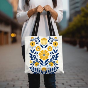 Scandinavian Wild Flower Tote Bag, Folk Art Reusable Handbag, Nordic Floral Shopping Bag, Botanical Gift For Women, Boho Grocery Satchel