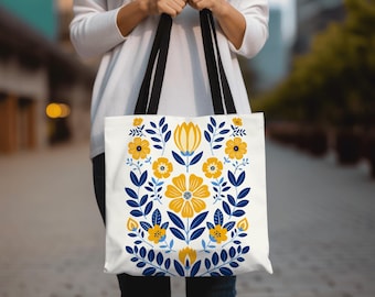 Scandinavian Floral Tote Bag, Folk Art Reusable Shopping Bag