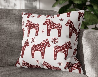 Funda de cojín con diseño de caballo de Dala sueco, decoración navideña nórdica (20 x 20)