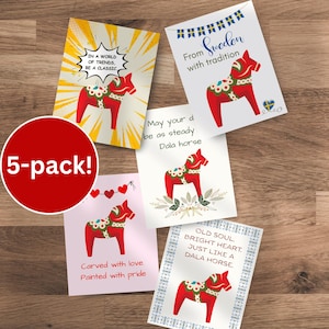 Dala Horse 5-Pack Greeting Cards, Swedish Birthday Card, Celebration Message, Nordic Party Gift, Unique Scandinavian, Festive Occasions