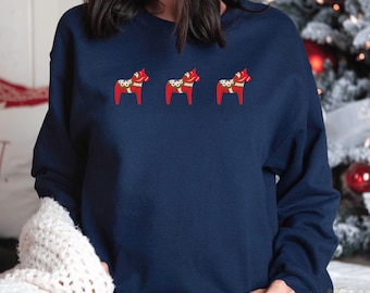 Swedish Dala Horse Sweatshirt, Scandinavian Folk Art Crewneck, Nordic Long Sleeve