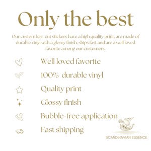 K&ouml;nnte beinhalten: Cremefarbene Grafik mit dem Text &bdquo;Only the best&ldquo;. Der Text beschreibt individuelle Kiss-Cut-Aufkleber mit hochwertigem Druck, strapazierf&auml;higem Vinyl und gl&auml;nzendem Finish. Zus&auml;tzlicher Text hebt Merkmale wie ein beliebter Favorit und schnellen Versand hervor.