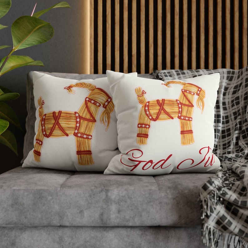 Yule Straw Goat Throw Pillow Cover: Scandinavian Christmas Decor (20x20) image 1