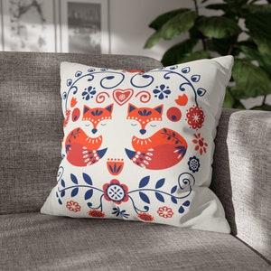 Nordic Fox Cottagecore Throw Pillow Cover, Scandinavian Animal Accent Pillow, Folk Woodland Cushion Case, Housewarming Gift, Whimsical Decor