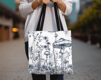 Mushroom Cottagecore Tote Bag, Botanical Forestcore Shoulder Bag