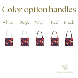 May include: Five tote bags with different colored handles. The bags are all the same design, featuring a red and white Scandinavian Dala horse pattern on a navy blue background. The handles are white, beige, navy, red, and black.