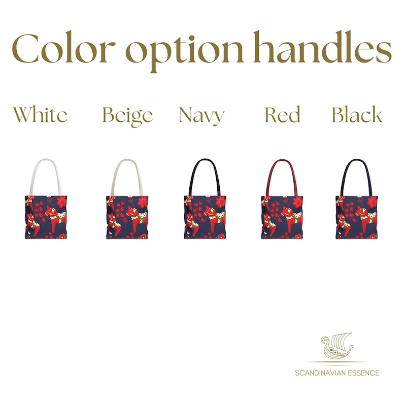 May include: Five tote bags with different colored handles. The bags are all the same design, featuring a red and white Scandinavian Dala horse pattern on a navy blue background. The handles are white, beige, navy, red, and black.