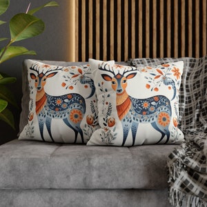 Nordic Animal Cottagecore Throw Pillow Cover, Scandinavian Deer Accent Pillow, Folk Art Woodland Cushion Case, Housewarming Gift, Home Decor