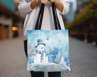 Nordic Snowman Tote Bag, Winter Holiday Reusable Shopping Bag