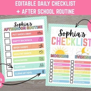 Editable Kids Checklist Morning Evening After School Routine Chart Printable Canva Template