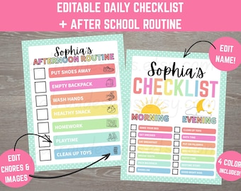 May include: Two colorful checklists with the name "Sophia" at the top. One is for the afternoon routine and the other is a morning and evening checklist. The checklists include editable chores and images.