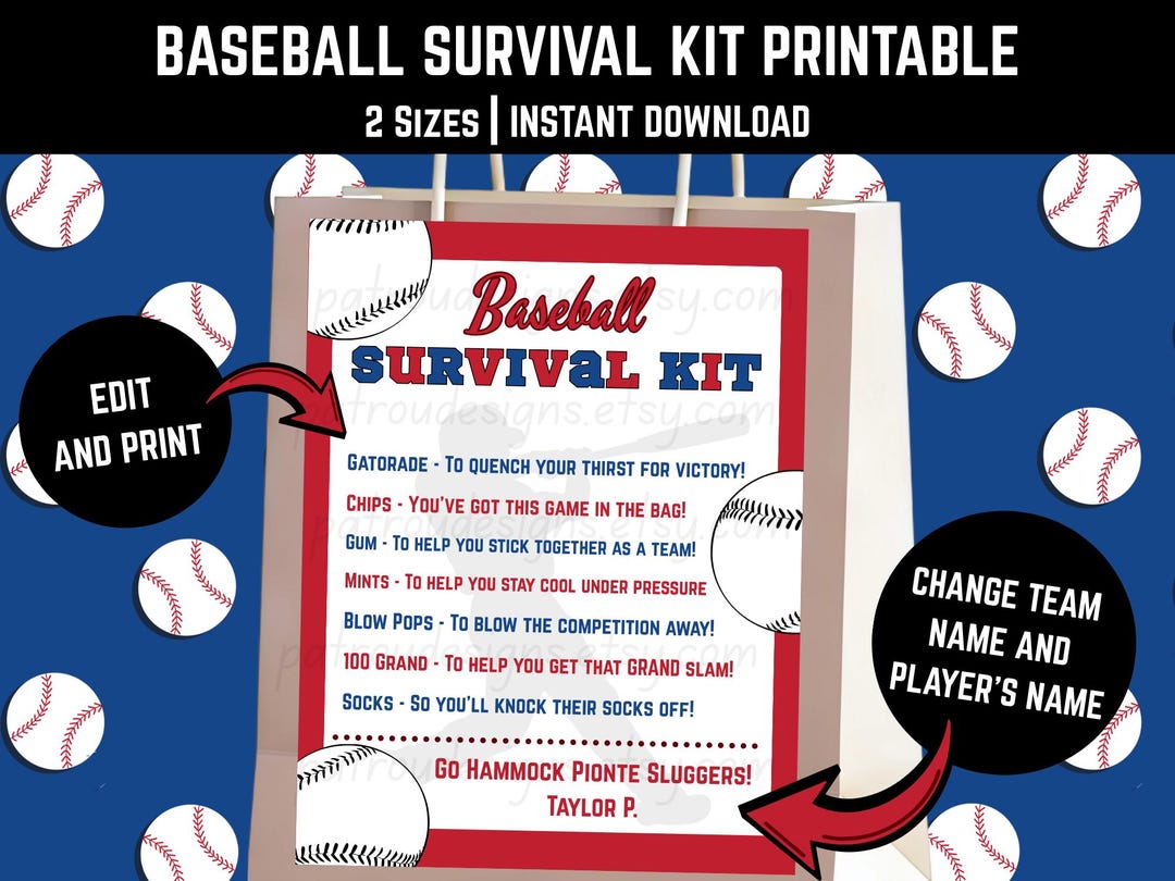 Editable Baseball Survival Kit Printable, Team Gift Bag Tag, Little ...