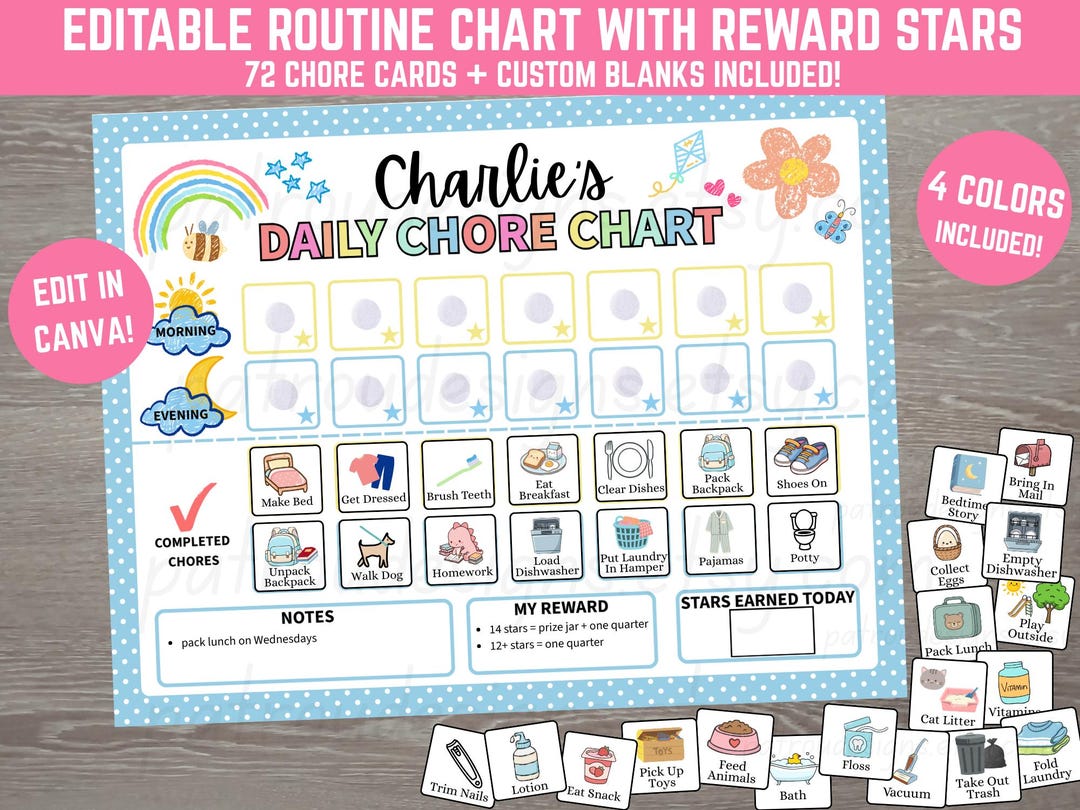Editable Kids Routine Chart Reward Stars Printable Morning Evening ...