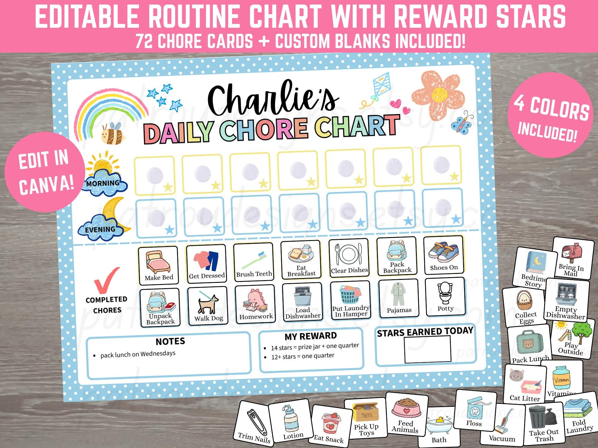 Ld Routine Template Editable Kids Routine Chart Reward Stars Printable Morning Evening ...