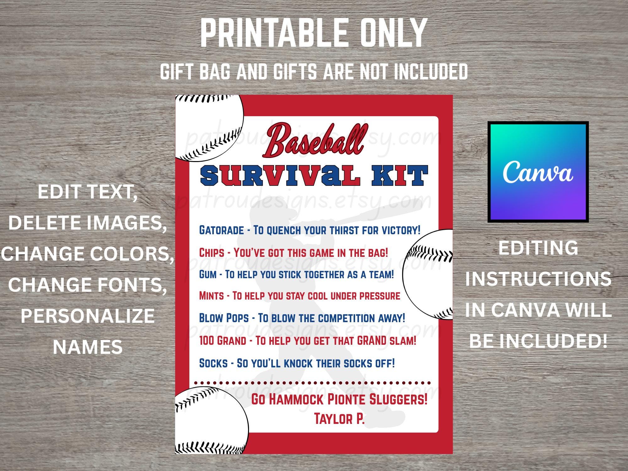 Editable Baseball Survival Kit Printable, Team Gift Bag Tag, Little ...