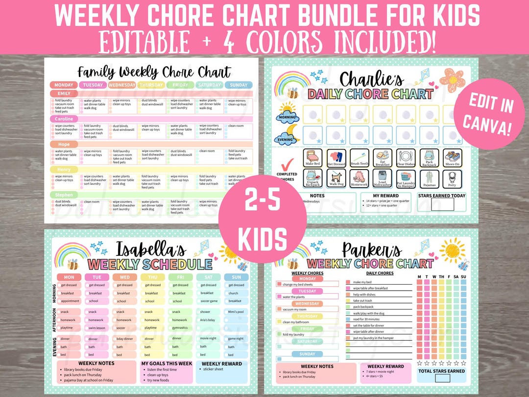 Editable Kids Chore Chart Bundle, Family Weekly Routine, Multiple Kids ...