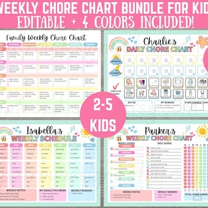 May include: A bundle of four colorful chore charts for kids, including a family weekly chart, a daily chore chart, a weekly schedule, and a weekly chore chart. The charts are editable and include four color options. Text on the image reads "WEEKLY CHORE CHART BUNDLE FOR KIDS".