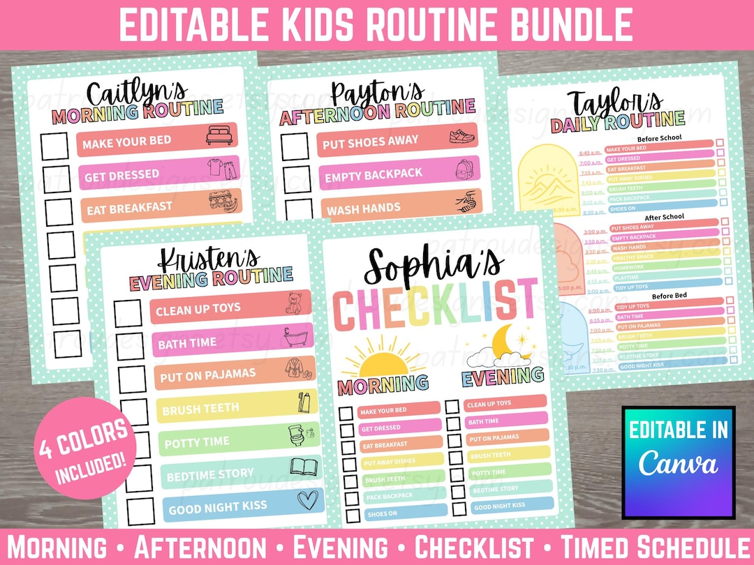 Editable Kid Routine Editable Kids Routine Bundle Morning Afternoon Evening Checklist Daily ...