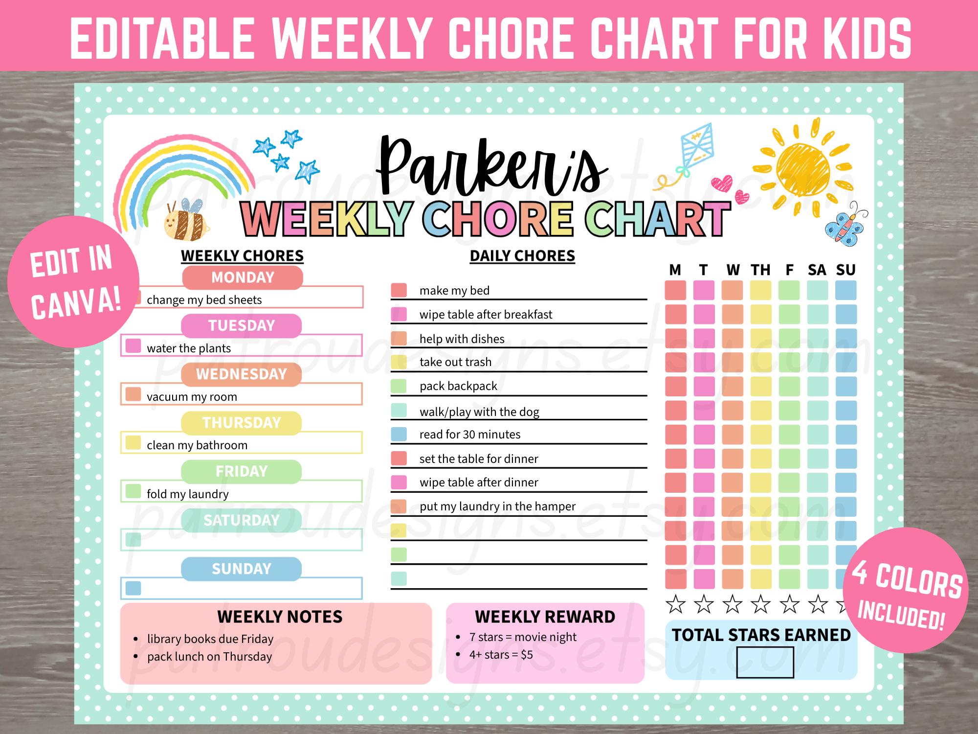 Editable Weekly Chore Chart for Kids, Printable Behavior Tracker, Canva ...