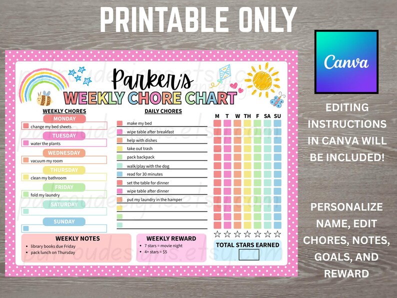 Editable Weekly Chore Chart for Kids, Printable Behavior Tracker, Canva ...