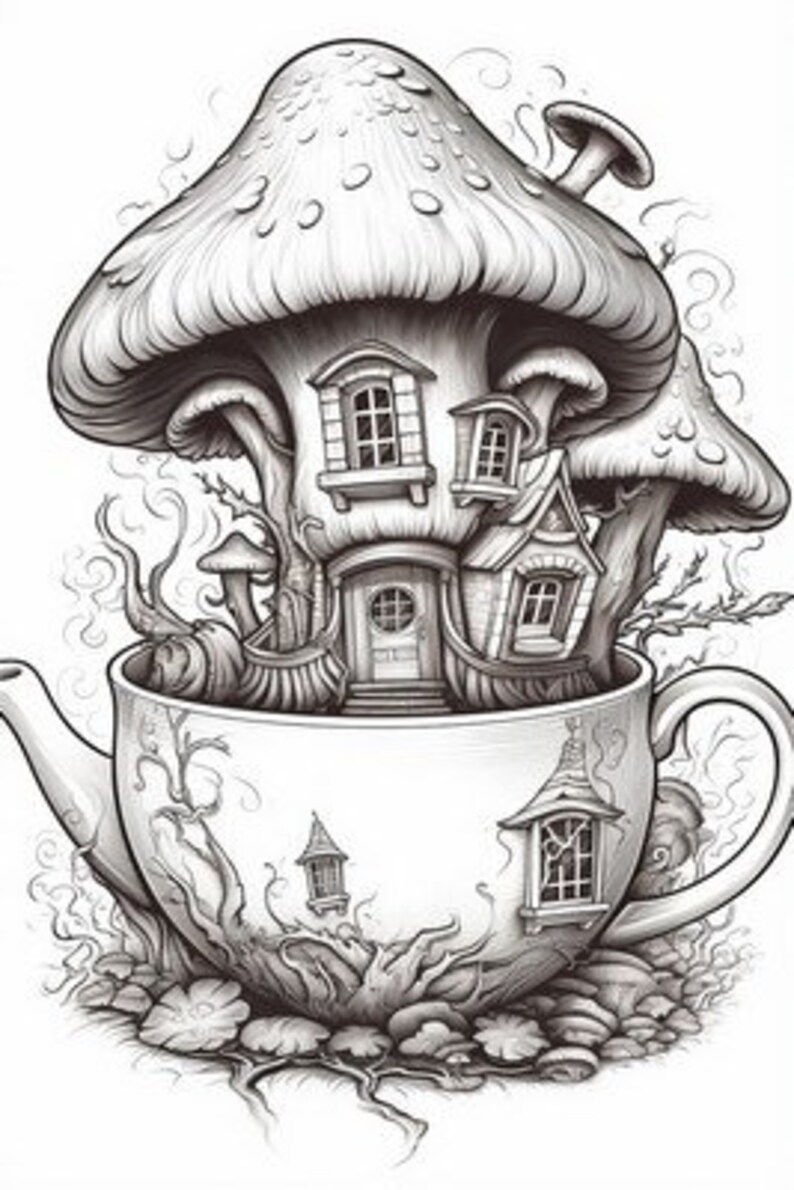 Tea Cup Fairy House Coloring Pages Etsy