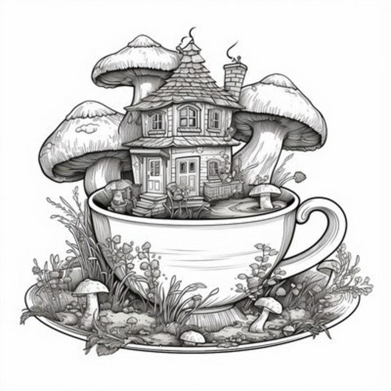 Tea Cup Fairy House Coloring Pages Etsy
