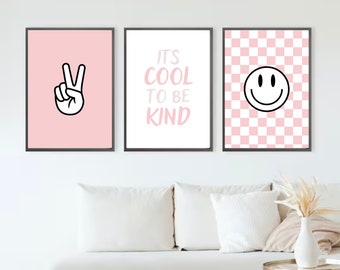 It's Cool To Be Kind Smiley Gallery Set, Downloadable Print, Kids Room, Pink Play Room Decor, Quote Kids Wall Art, Printable girls, minimal